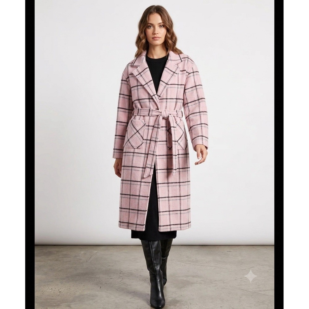 Lulus Pink Plaid Long Trench Coat Belted Lapel Collar Overcoat Woman's Sz M